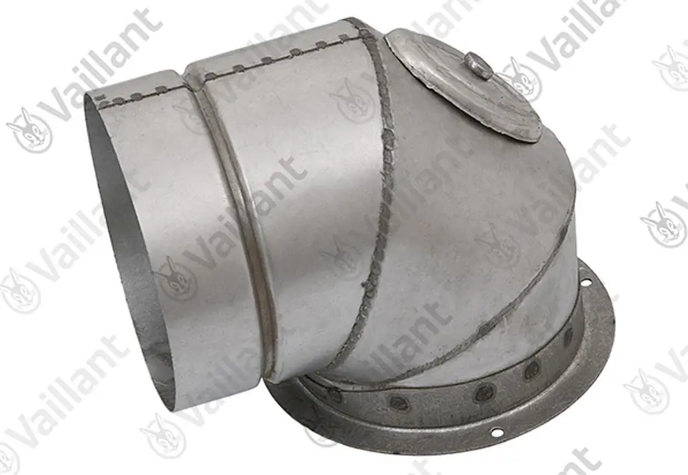 Vaillant Rohrknie aus Metall mit gebogenem Design, das für die Verbindung von Rohrleitungen in Heizungsanlagen verwendet wird.